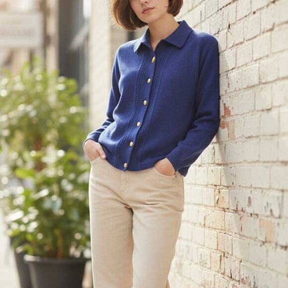 Vintage Bromley Pure New Wool Australian Patons Yarn Cardigan Sweater Blue S - Picture 1 of 13